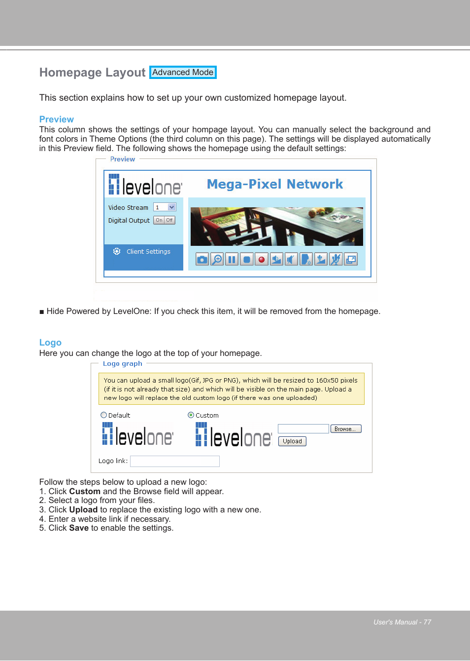 Homepage layout | LevelOne FCS-7111 User Manual | Page 77 / 143
