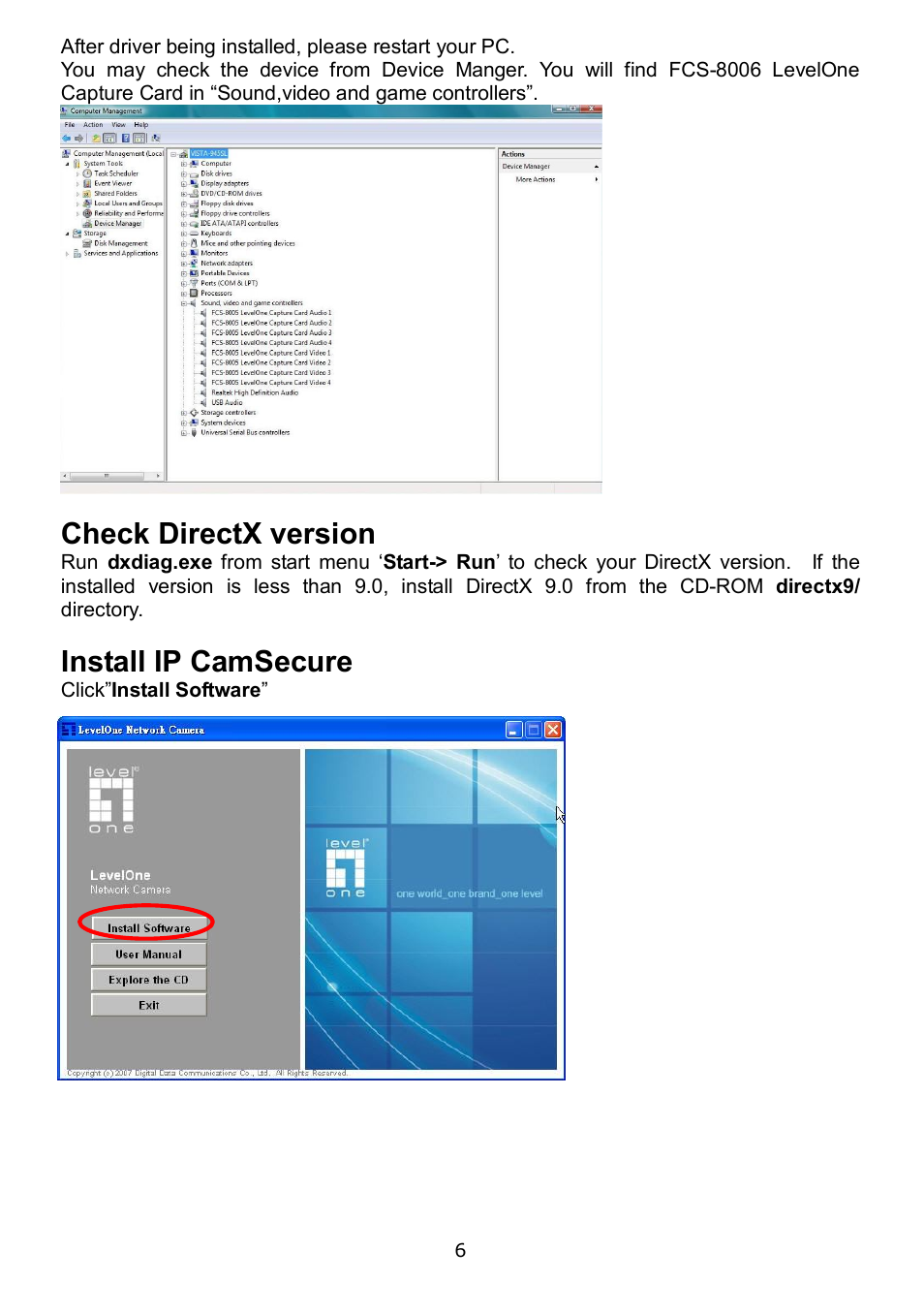 Check directx version, Install ip camsecure | LevelOne FCS-8006 User Manual | Page 7 / 11