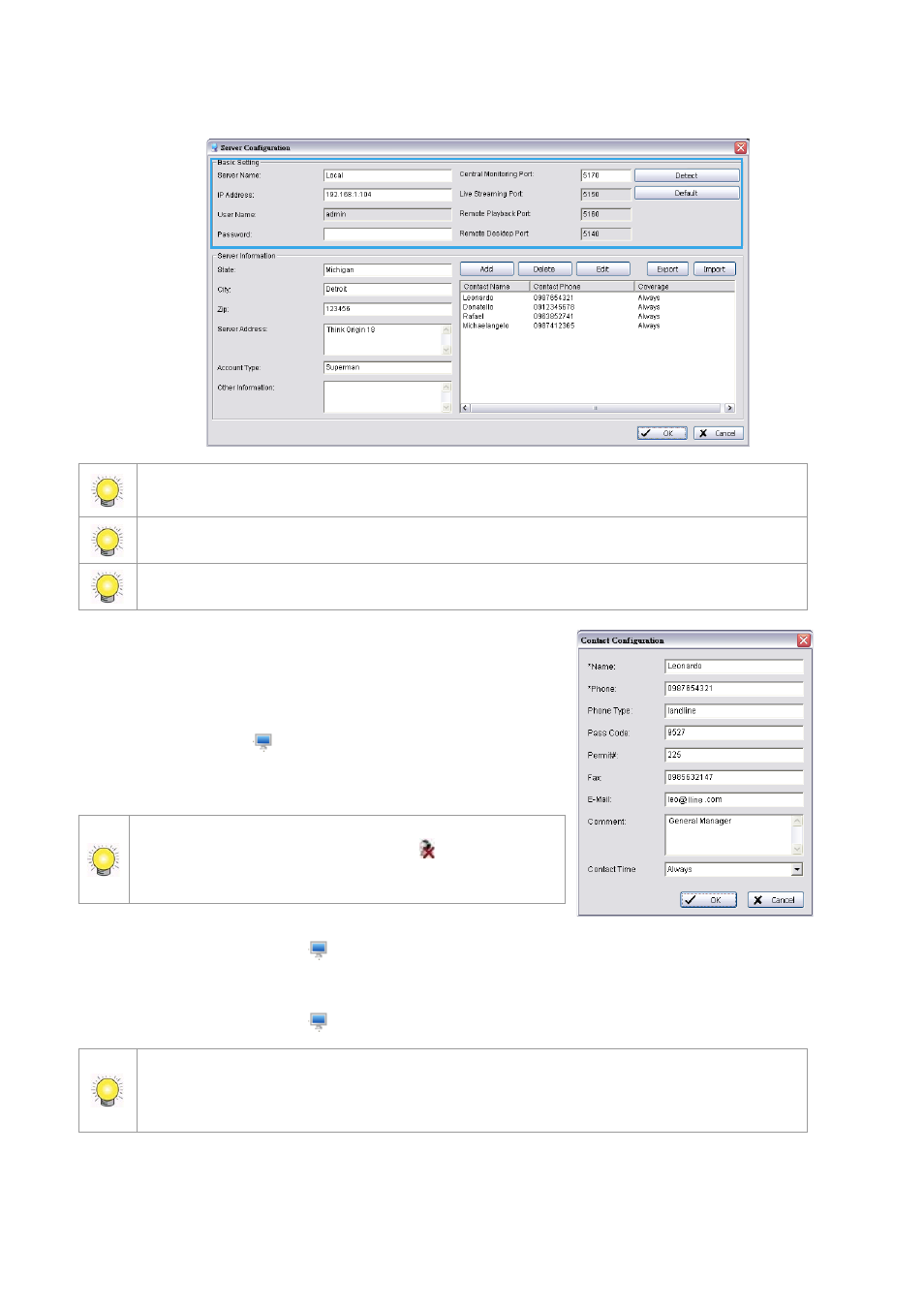 To add contacts to the server, To synchronize server devices, To edit server settings | To remove a server | LevelOne FCS-9900 User Manual | Page 31 / 98