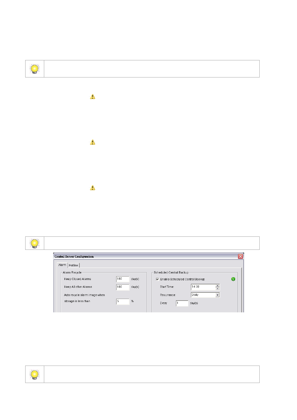 To copy an alarm, To edit an alarm, To remove an alarm | Central server configuration window, To configure server alarm records, R central server configuration window, Ge 44), Ge 44 | LevelOne FCS-9900 User Manual | Page 44 / 98