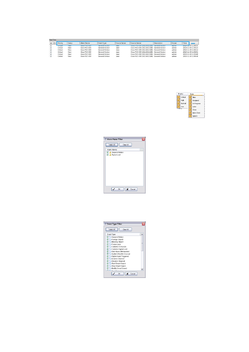 Real-time tab, To filter by priority, To filter by state | To filter by alarm name, To filter by event type, To filter by source server or source device | LevelOne FCS-9900 User Manual | Page 66 / 98