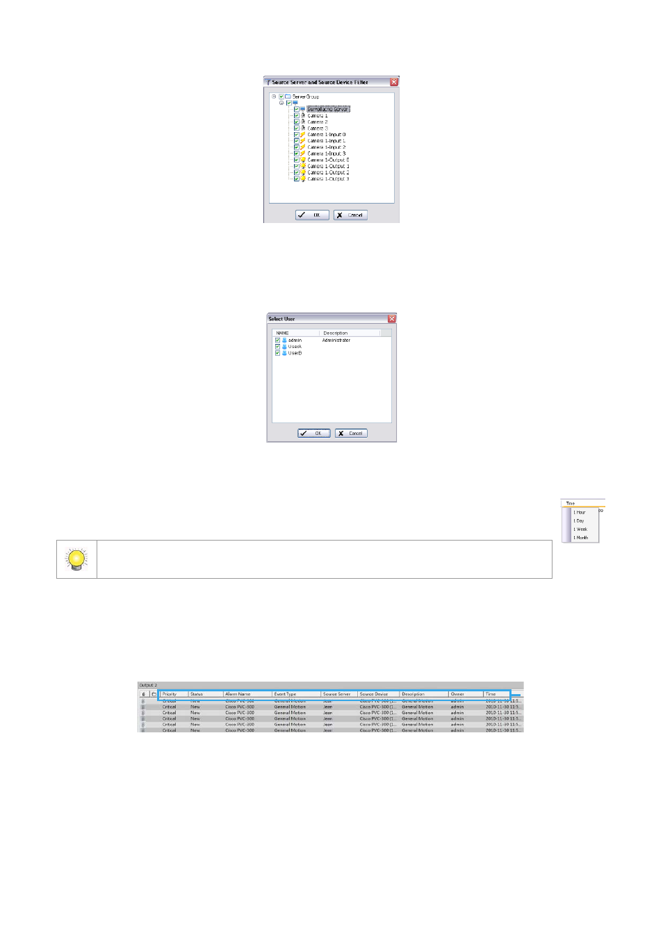 To filter by alarm owner, To filter by time, Output tab and output 2 tab | To order lists in output and output 2 tabs, Message log tab | LevelOne FCS-9900 User Manual | Page 67 / 98