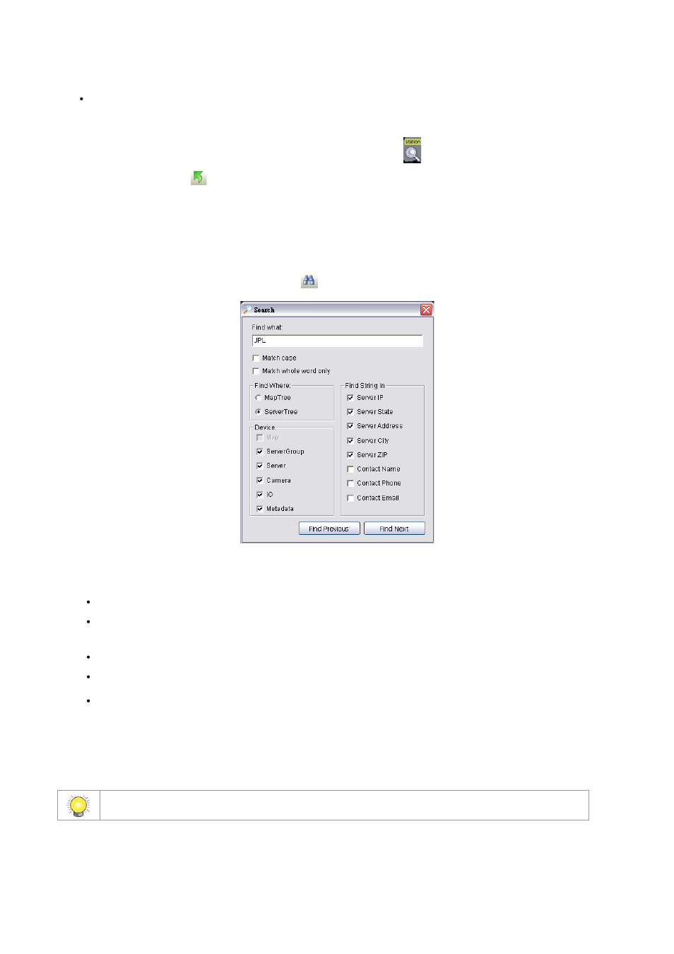 To navigate with indicators, Searching for devices on the server list or on map, To use the search function | LevelOne FCS-9900 User Manual | Page 76 / 98