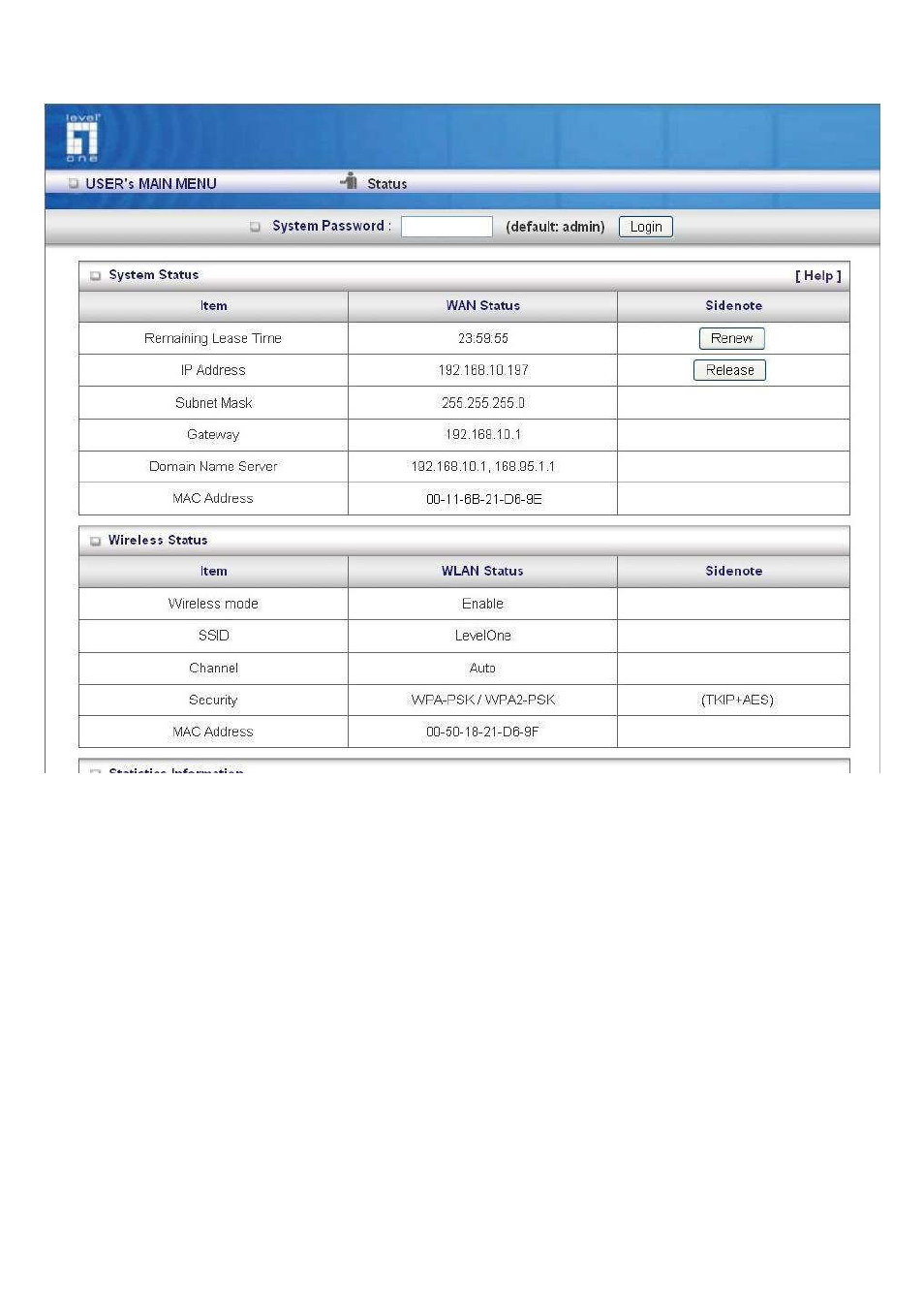 System status | LevelOne WBR-6003 User Manual | Page 20 / 80