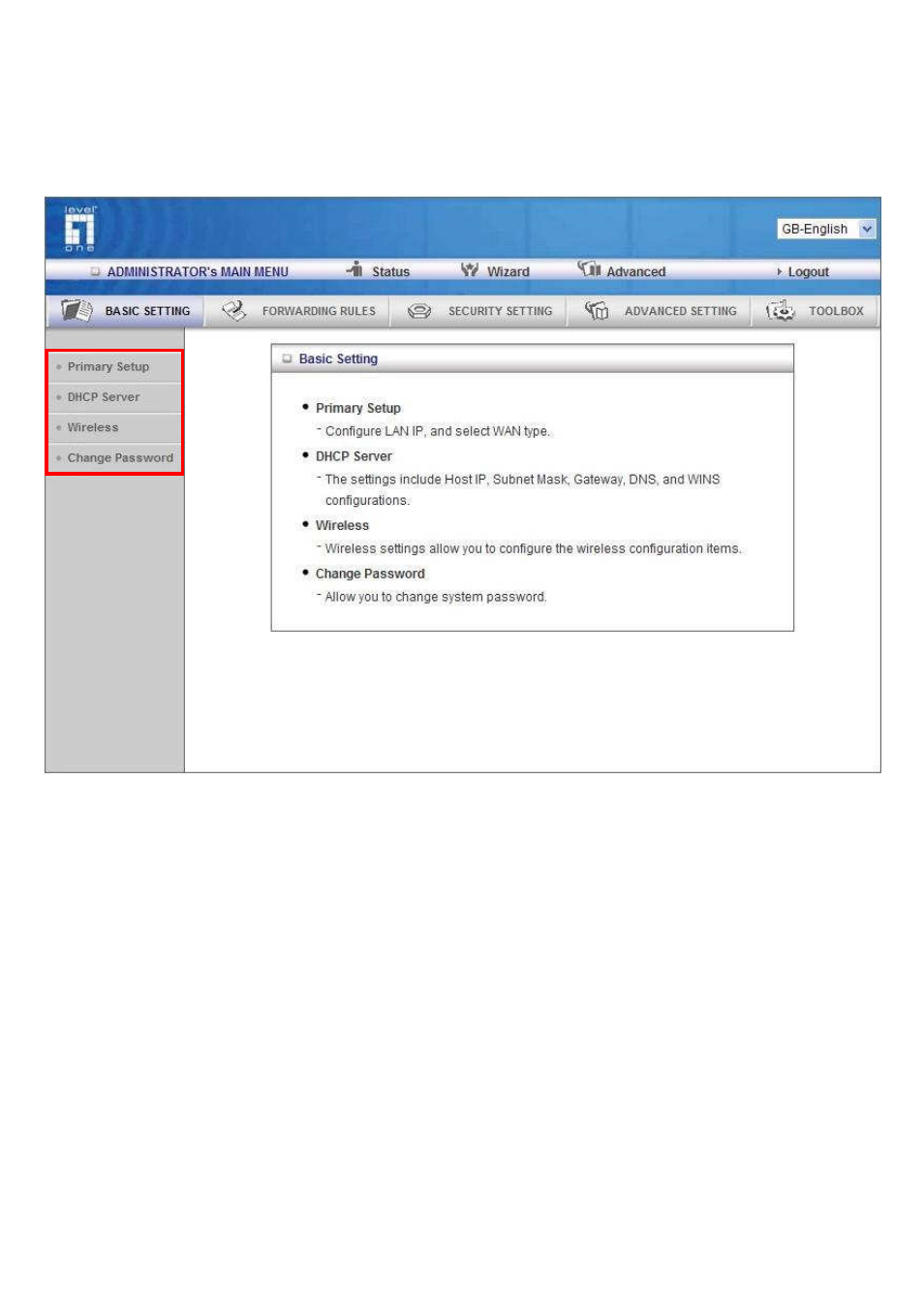 Basic setting | LevelOne WBR-6003 User Manual | Page 22 / 80