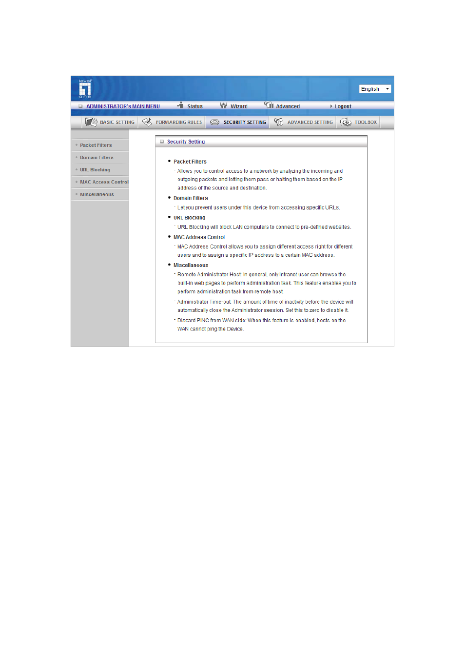 3 security settings | LevelOne WBR-6012 User Manual | Page 44 / 79