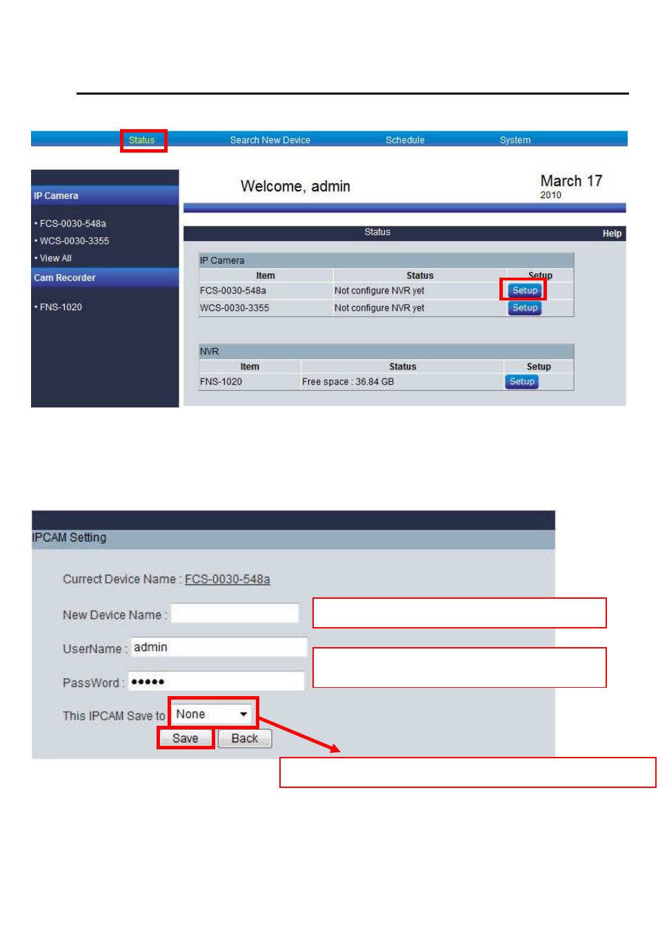 3 setup device & level1dns, Click “status, Please select nvr1 & click “save | LevelOne WBR-6022 User Manual | Page 28 / 99