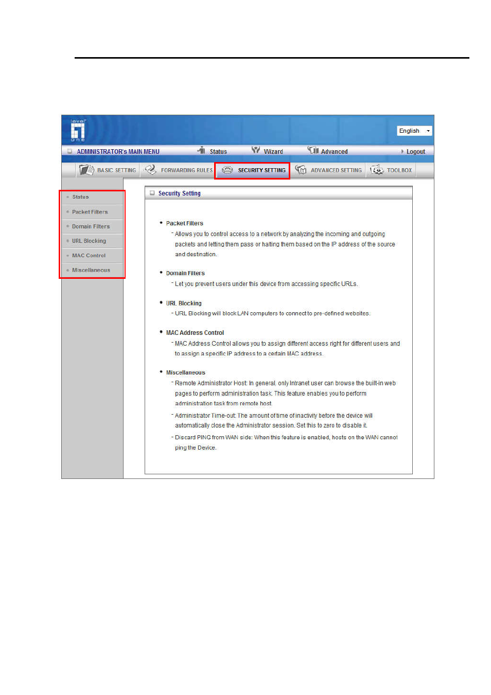 1 security settings | LevelOne WBR-6022 User Manual | Page 67 / 99