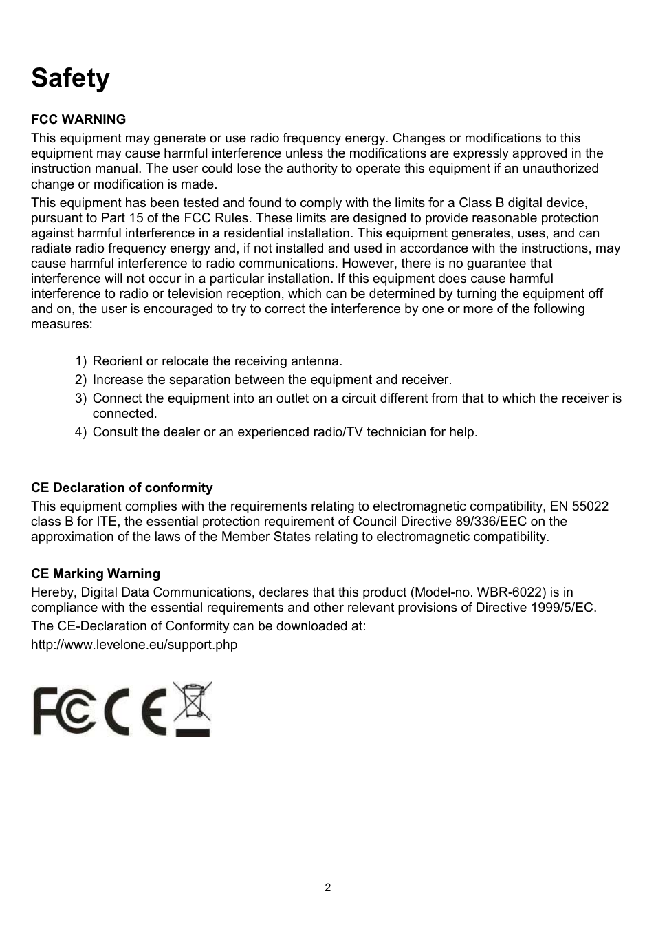 Safety | LevelOne WBR-6022 User Manual | Page 2 / 89