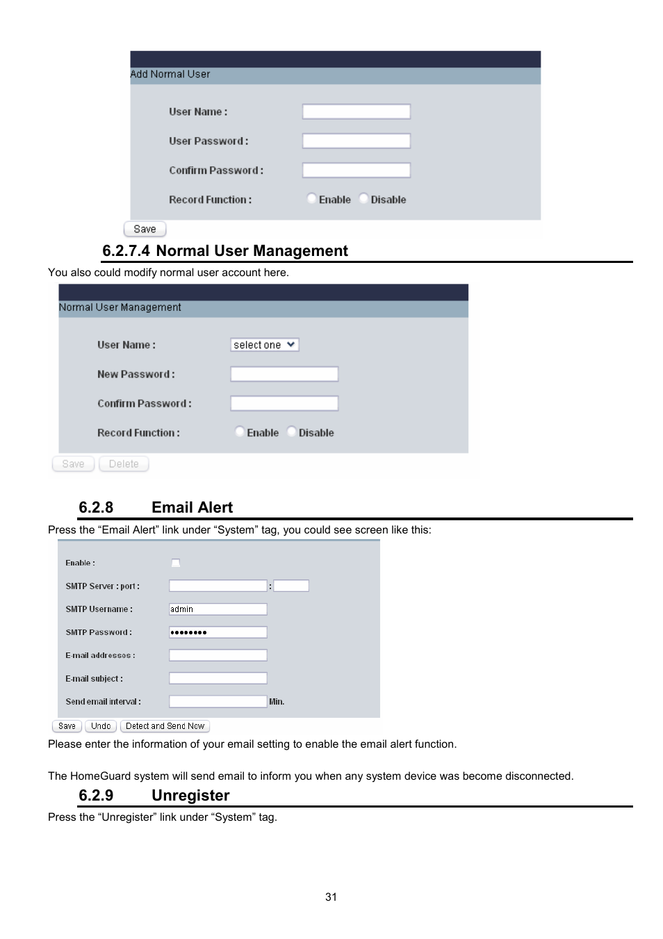 4 normal user management, 8 email alert, 9 unregister | LevelOne WBR-6022 User Manual | Page 32 / 89