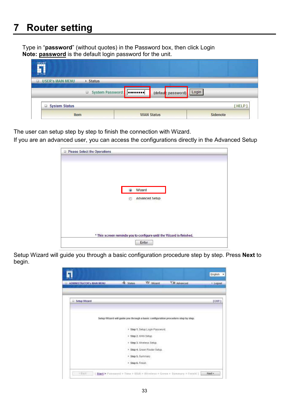 7 router setting | LevelOne WBR-6022 User Manual | Page 34 / 89