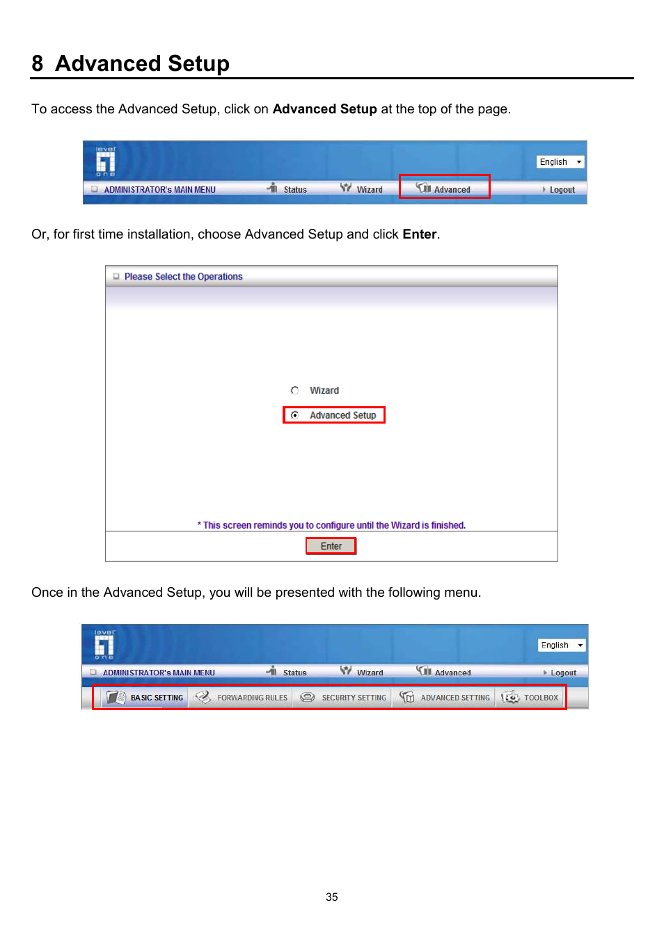 8 advanced setup | LevelOne WBR-6022 User Manual | Page 36 / 89