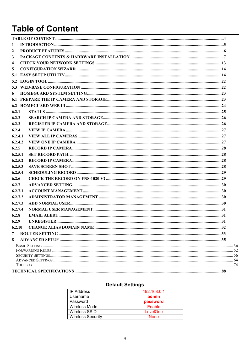 Table of content | LevelOne WBR-6022 User Manual | Page 4 / 89
