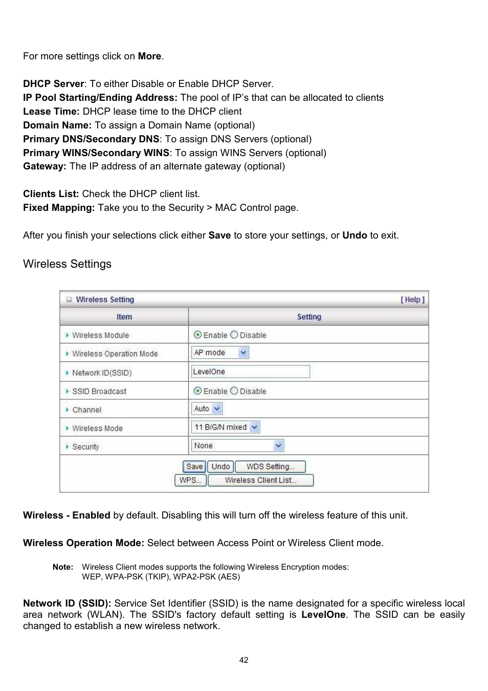 Wireless settings | LevelOne WBR-6022 User Manual | Page 43 / 89
