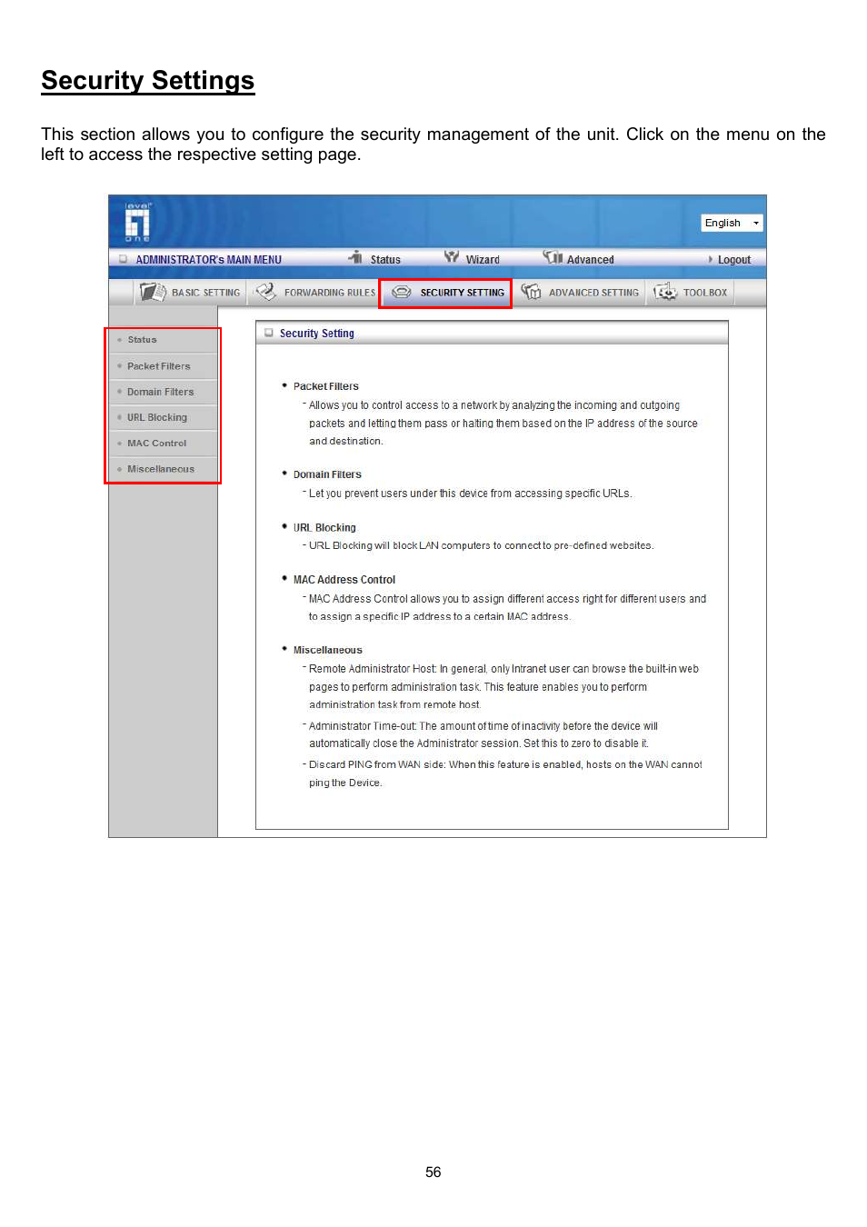 Security settings | LevelOne WBR-6022 User Manual | Page 57 / 89