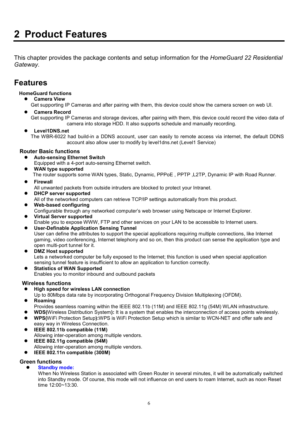 2 product features, Features | LevelOne WBR-6022 User Manual | Page 6 / 89