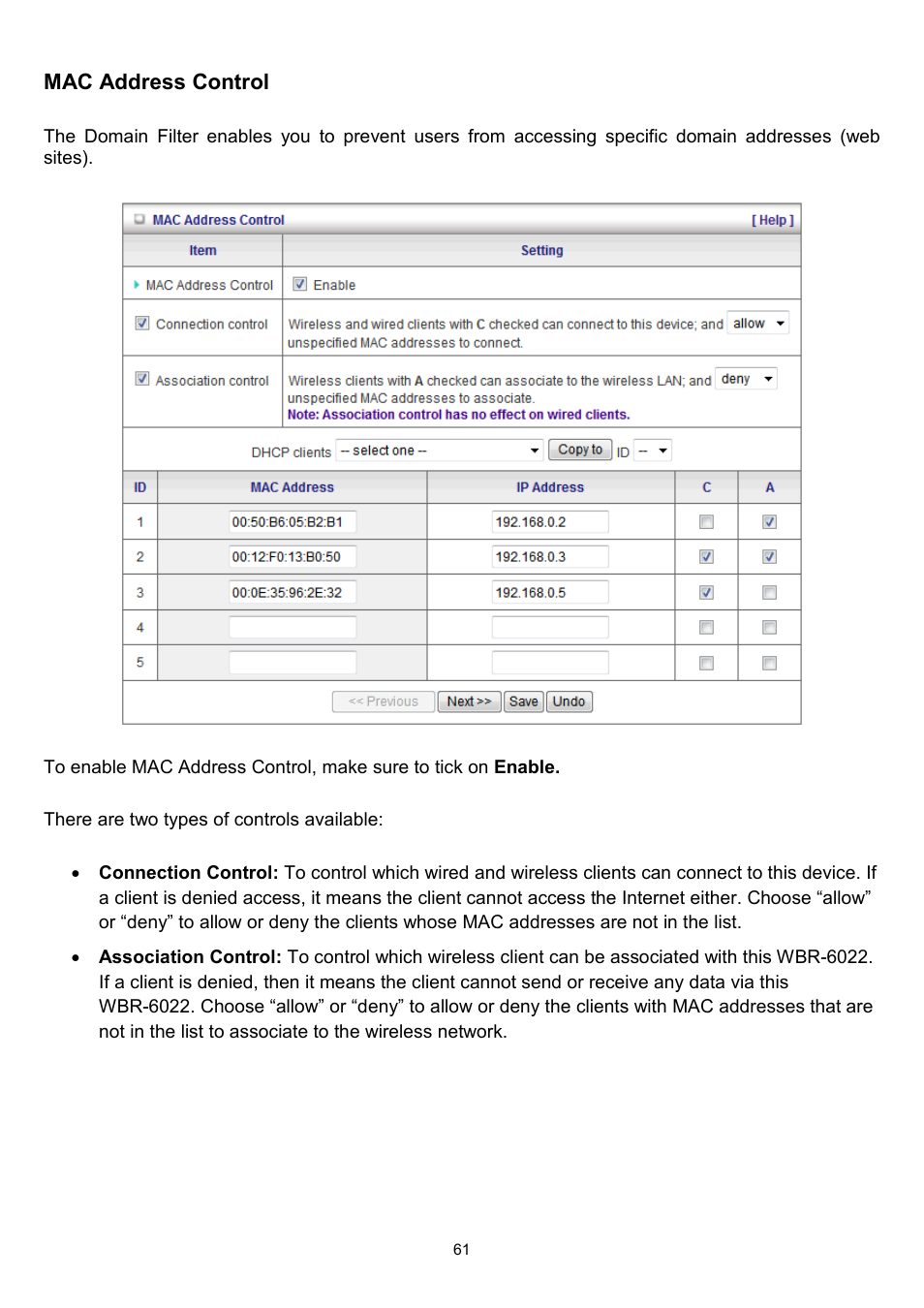 Mac address control | LevelOne WBR-6022 User Manual | Page 62 / 89