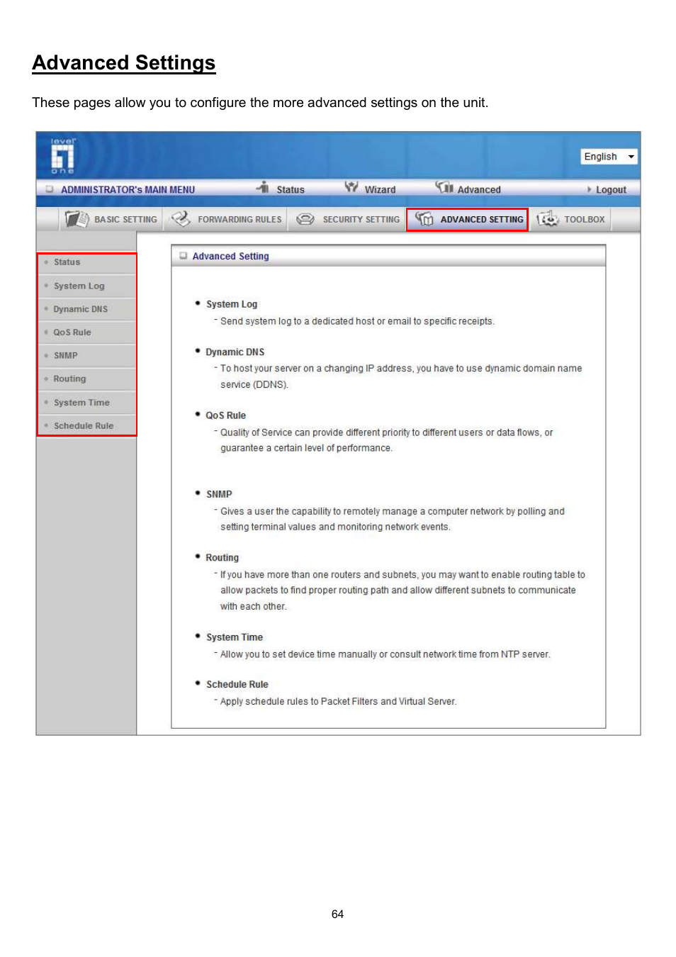 Advanced settings | LevelOne WBR-6022 User Manual | Page 65 / 89