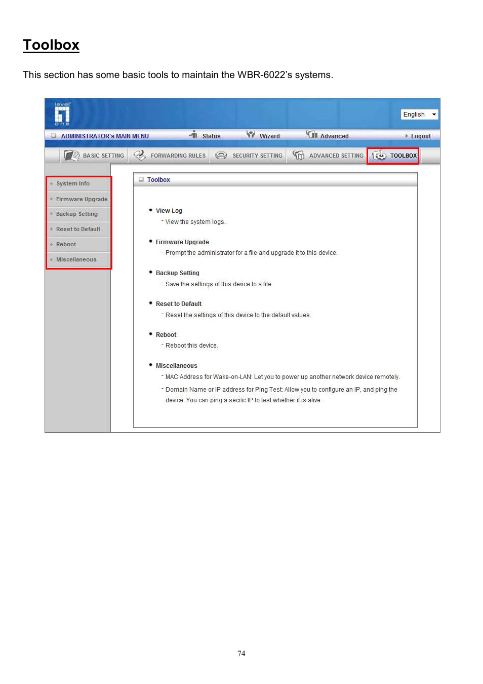 Toolbox | LevelOne WBR-6022 User Manual | Page 75 / 89