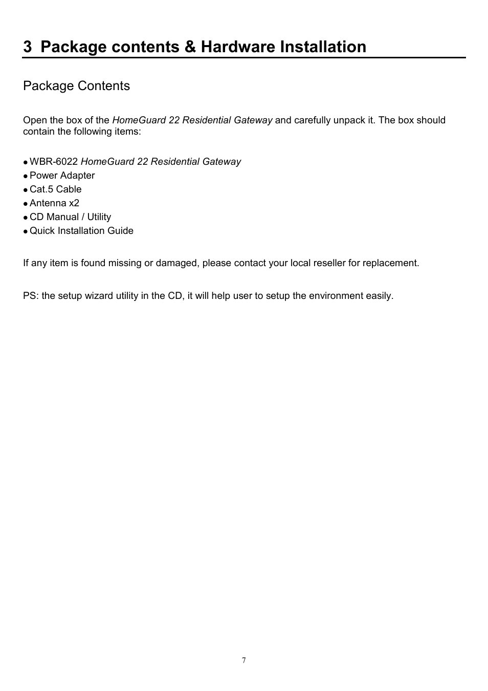 3 package contents & hardware installation, Package contents | LevelOne WBR-6022 User Manual | Page 8 / 89