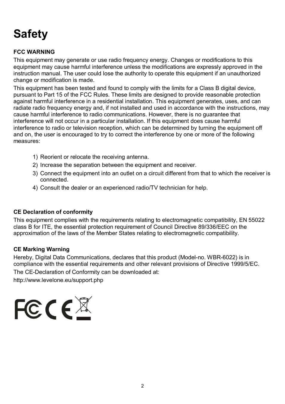 Safety | LevelOne WBR-6022 User Manual | Page 2 / 87