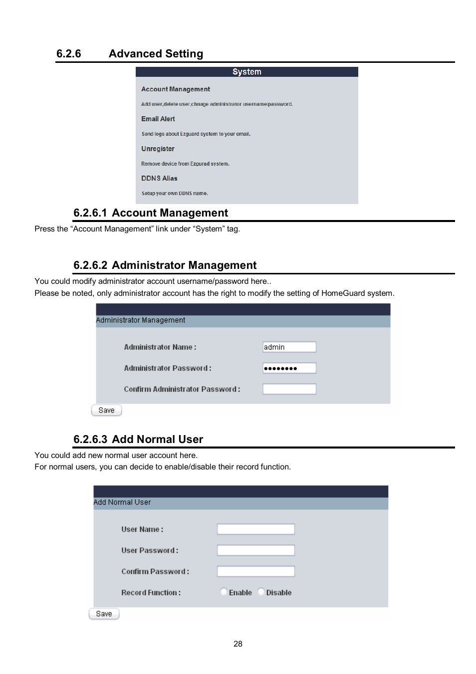 6 advanced setting, 1 account management, 2 administrator management | 3 add normal user | LevelOne WBR-6022 User Manual | Page 30 / 87