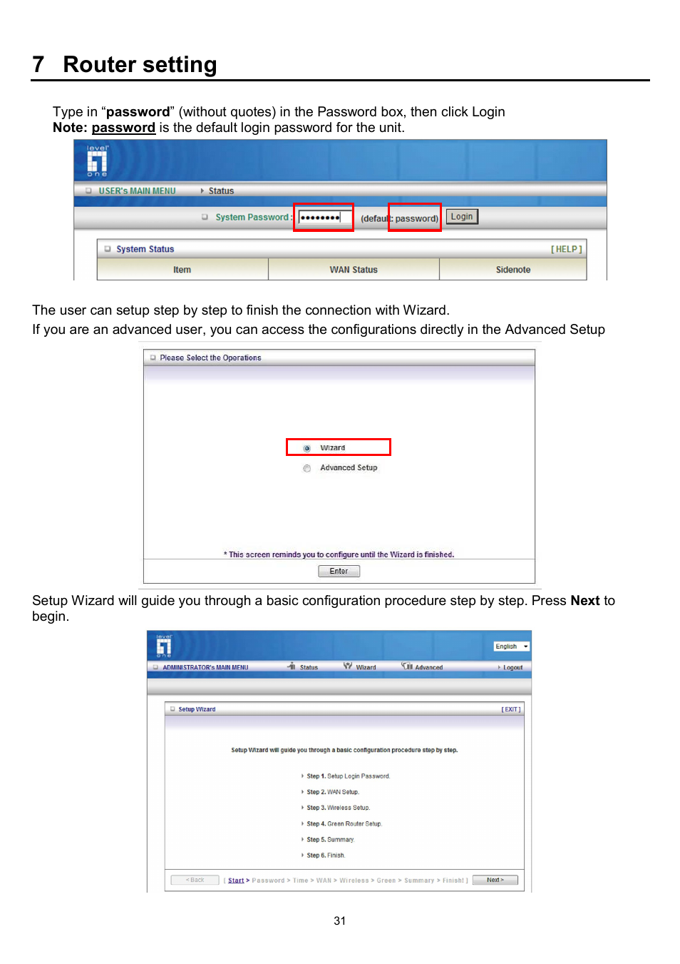 7 router setting | LevelOne WBR-6022 User Manual | Page 33 / 87