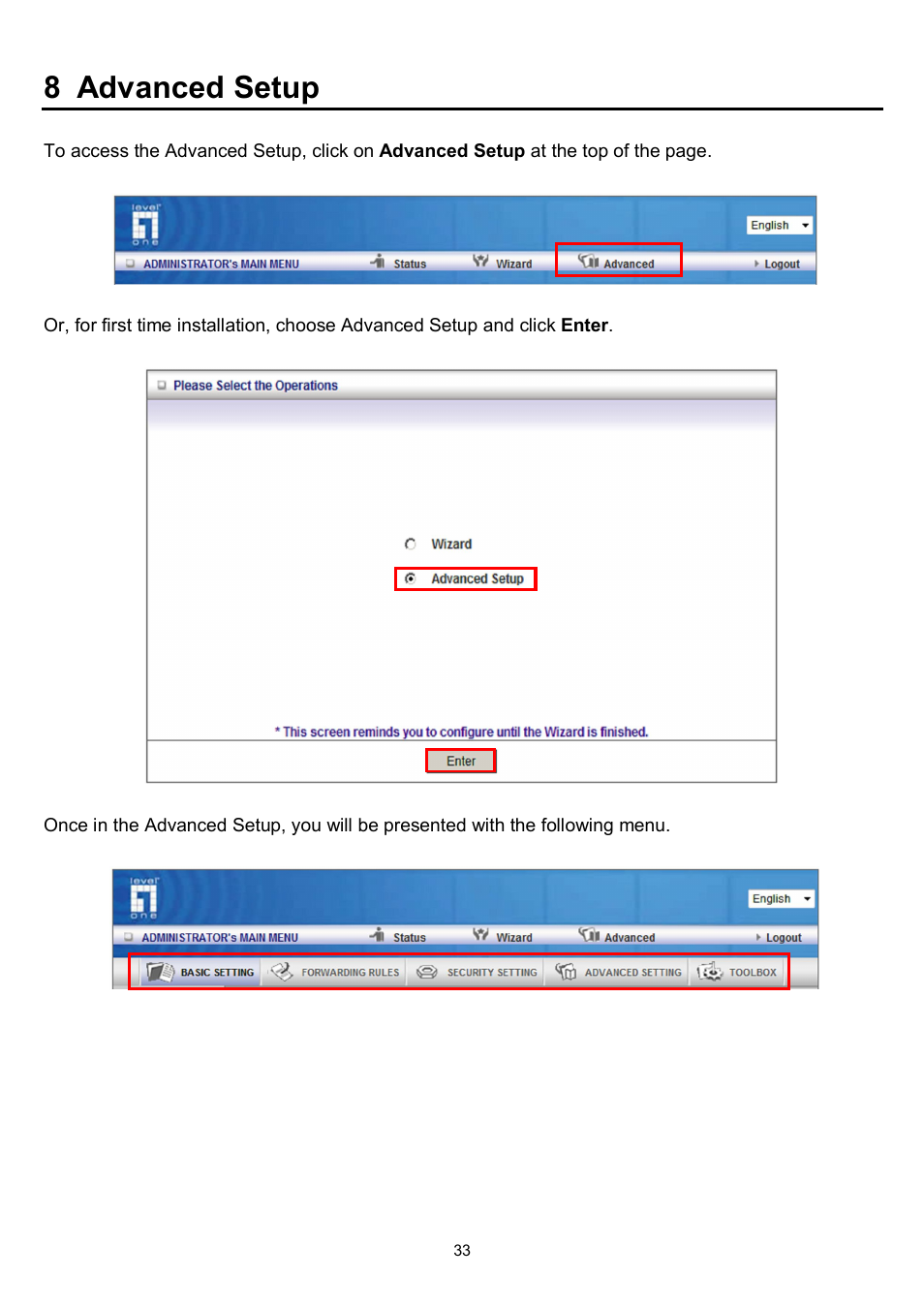 8 advanced setup | LevelOne WBR-6022 User Manual | Page 35 / 87