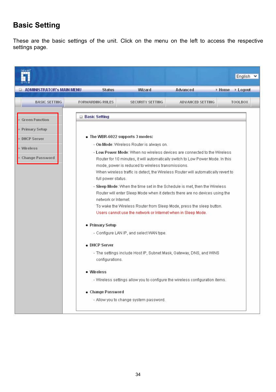 Basic setting | LevelOne WBR-6022 User Manual | Page 36 / 87