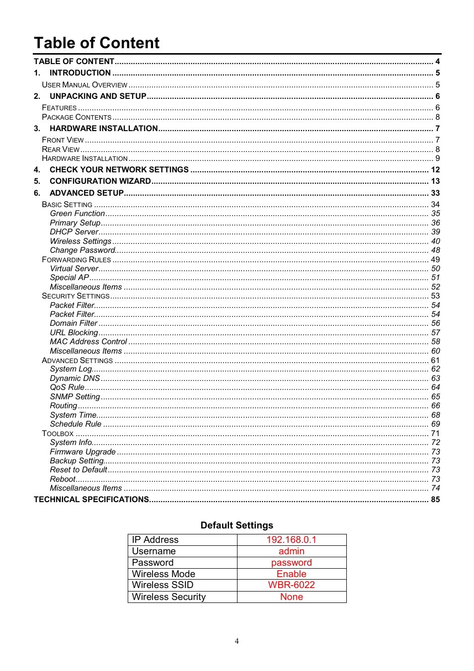 Table of content | LevelOne WBR-6022 User Manual | Page 4 / 87