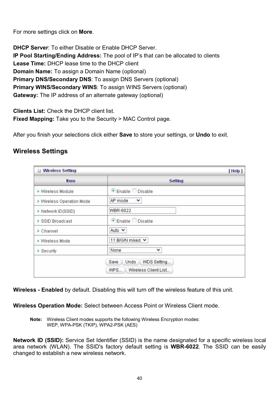 Wireless settings | LevelOne WBR-6022 User Manual | Page 42 / 87
