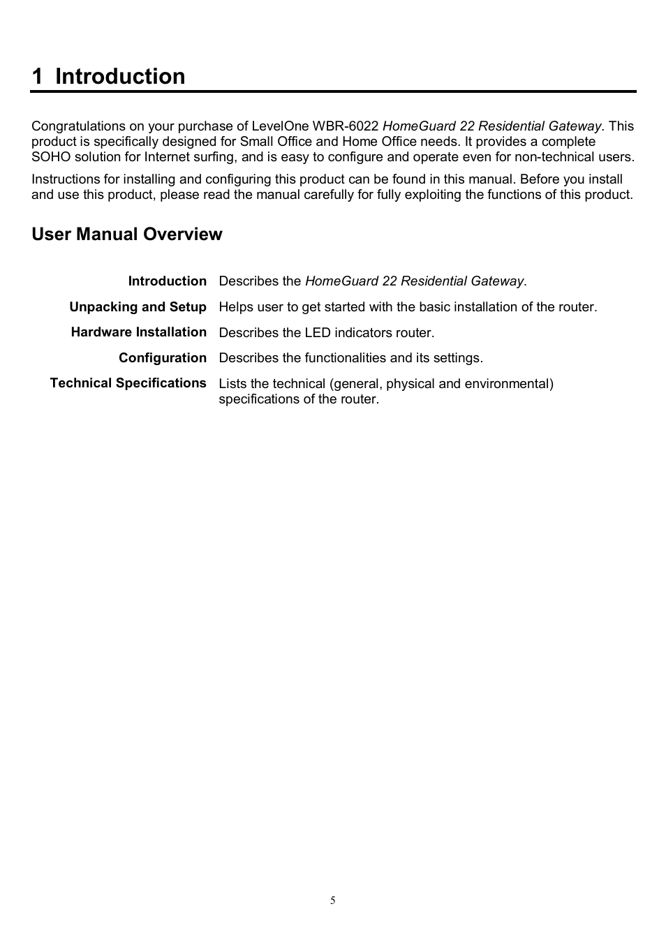 1 introduction, User manual overview | LevelOne WBR-6022 User Manual | Page 5 / 87