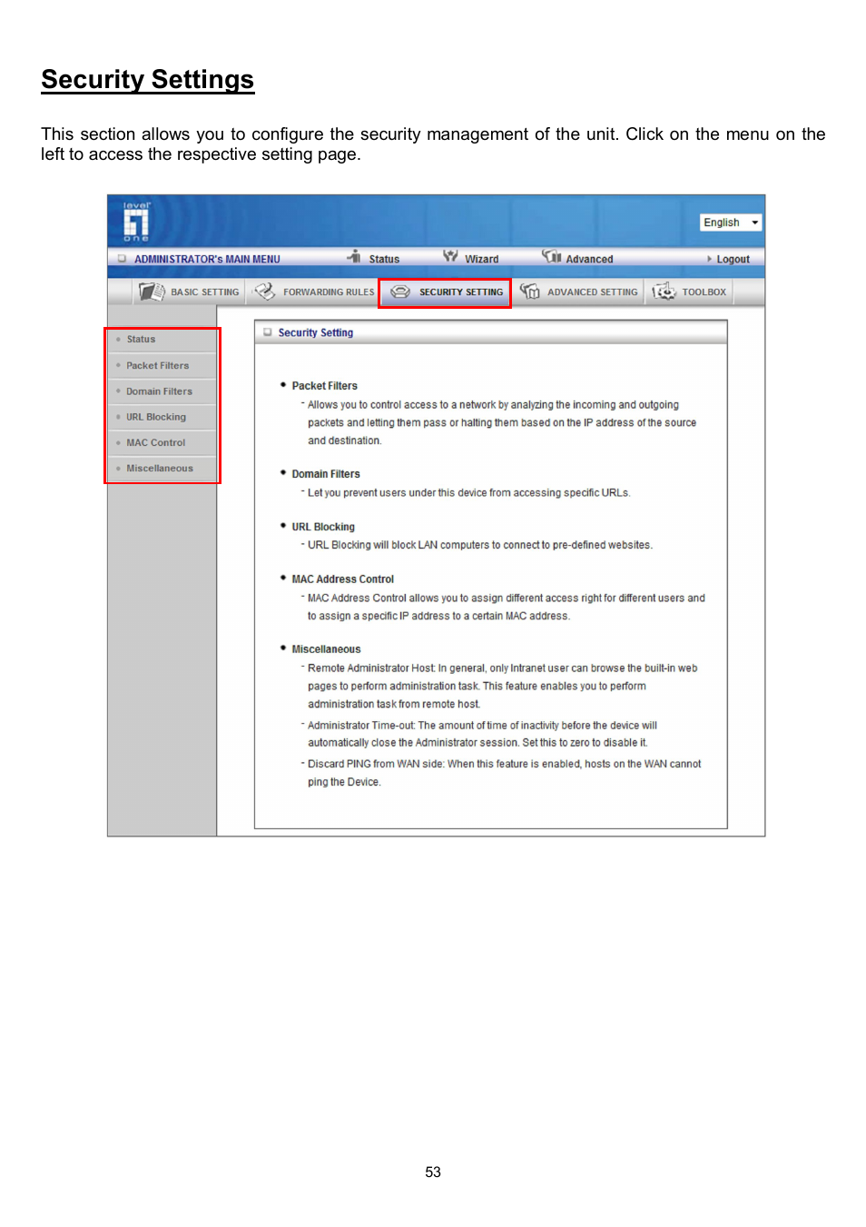Security settings | LevelOne WBR-6022 User Manual | Page 55 / 87