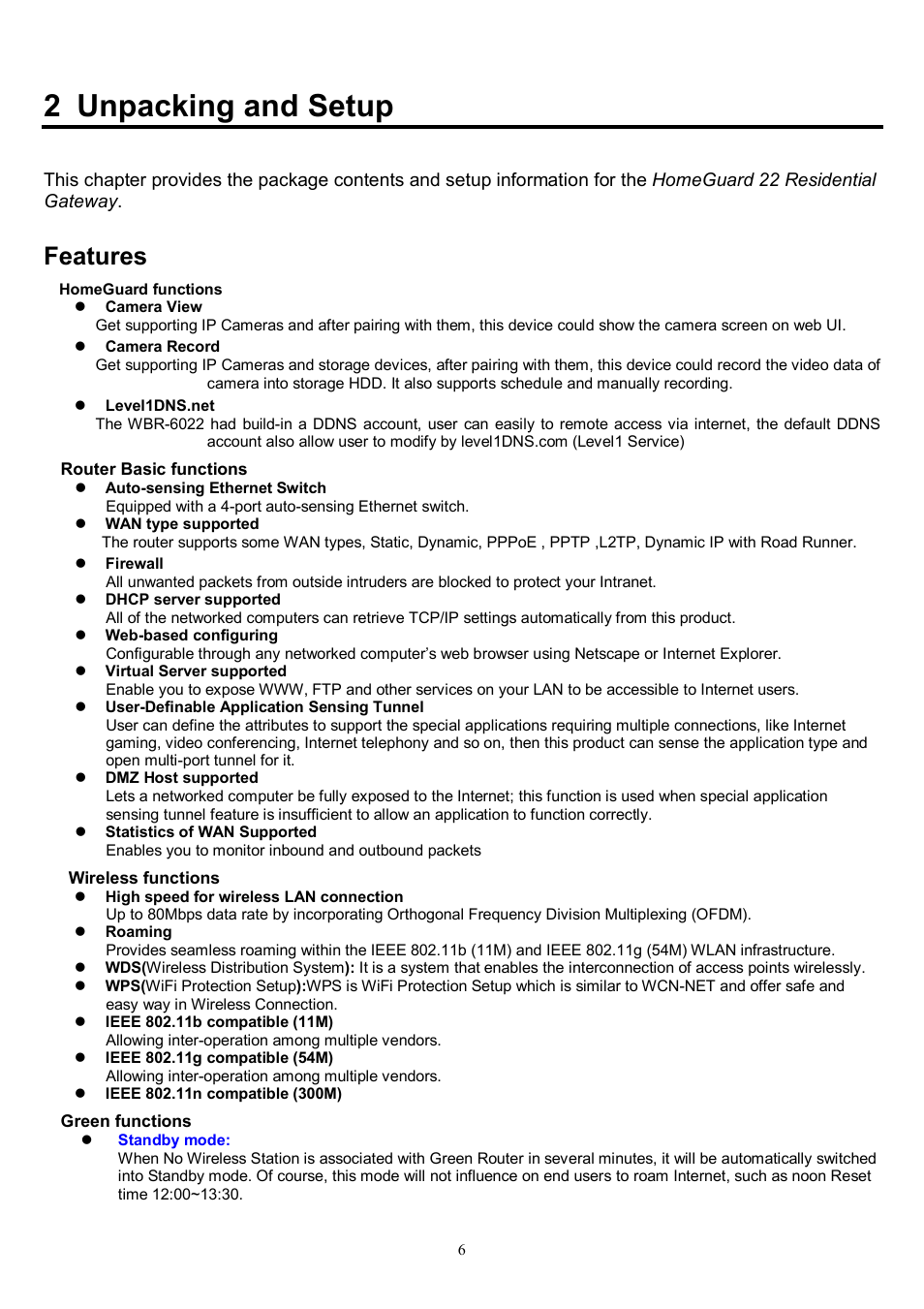 2 unpacking and setup, Features | LevelOne WBR-6022 User Manual | Page 6 / 87