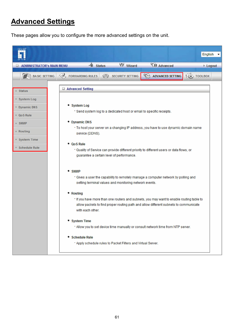 Advanced settings | LevelOne WBR-6022 User Manual | Page 63 / 87