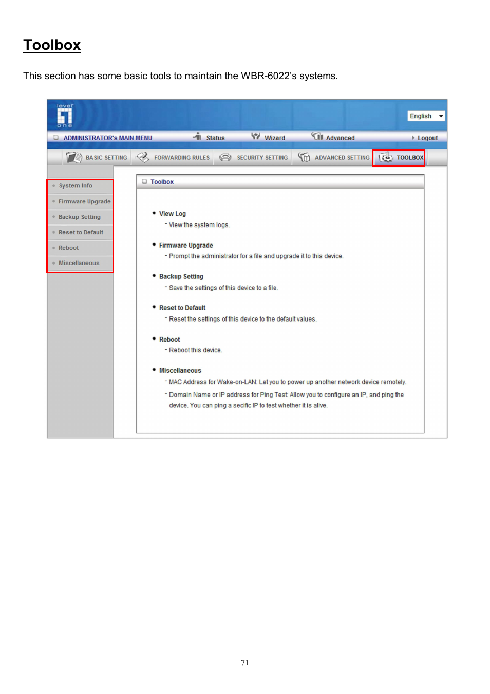 Toolbox | LevelOne WBR-6022 User Manual | Page 73 / 87