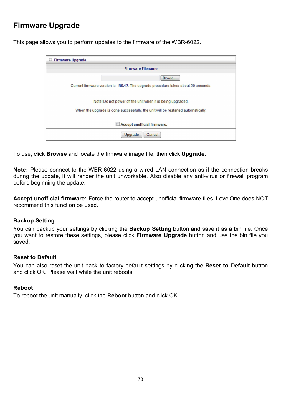 Firmware upgrade | LevelOne WBR-6022 User Manual | Page 75 / 87