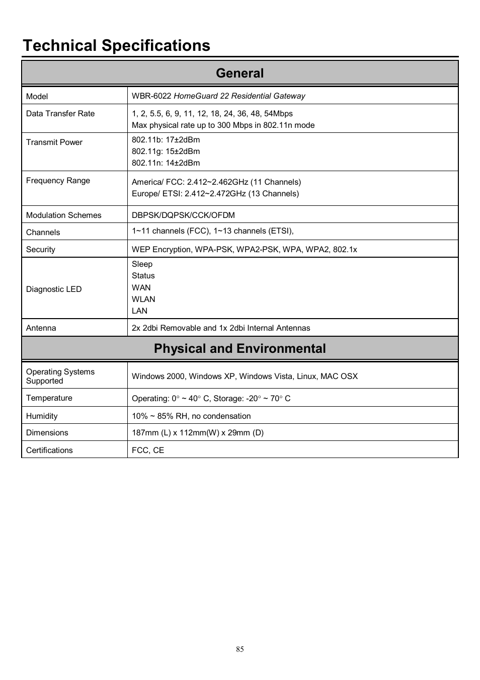 Technical specifications, General, Physical and environmental | LevelOne WBR-6022 User Manual | Page 87 / 87