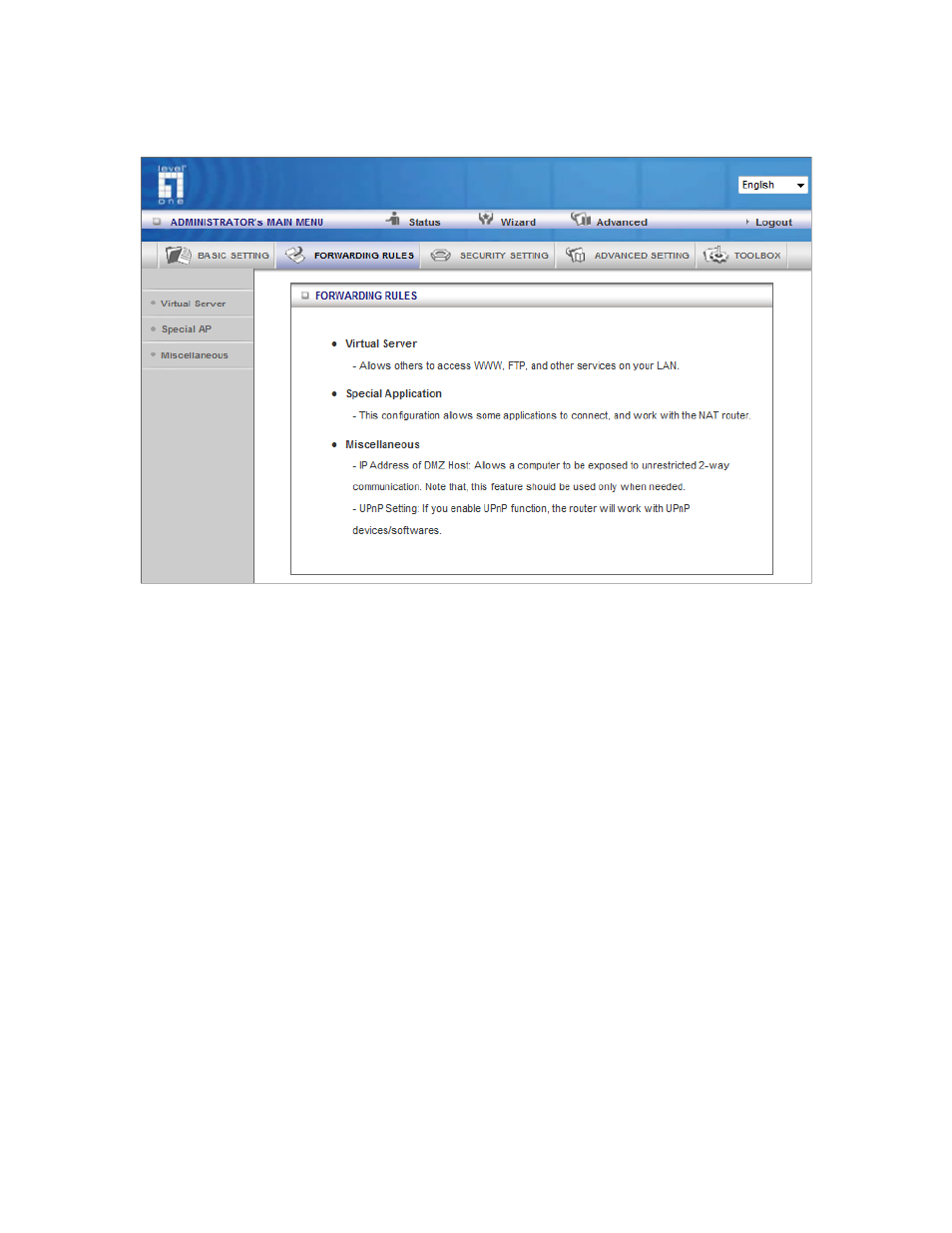 2 forwarding rules, 1 virtual server | LevelOne WBR-6803 User Manual | Page 34 / 66