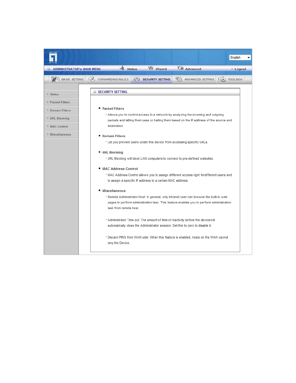 3 security setting | LevelOne WBR-6803 User Manual | Page 38 / 66