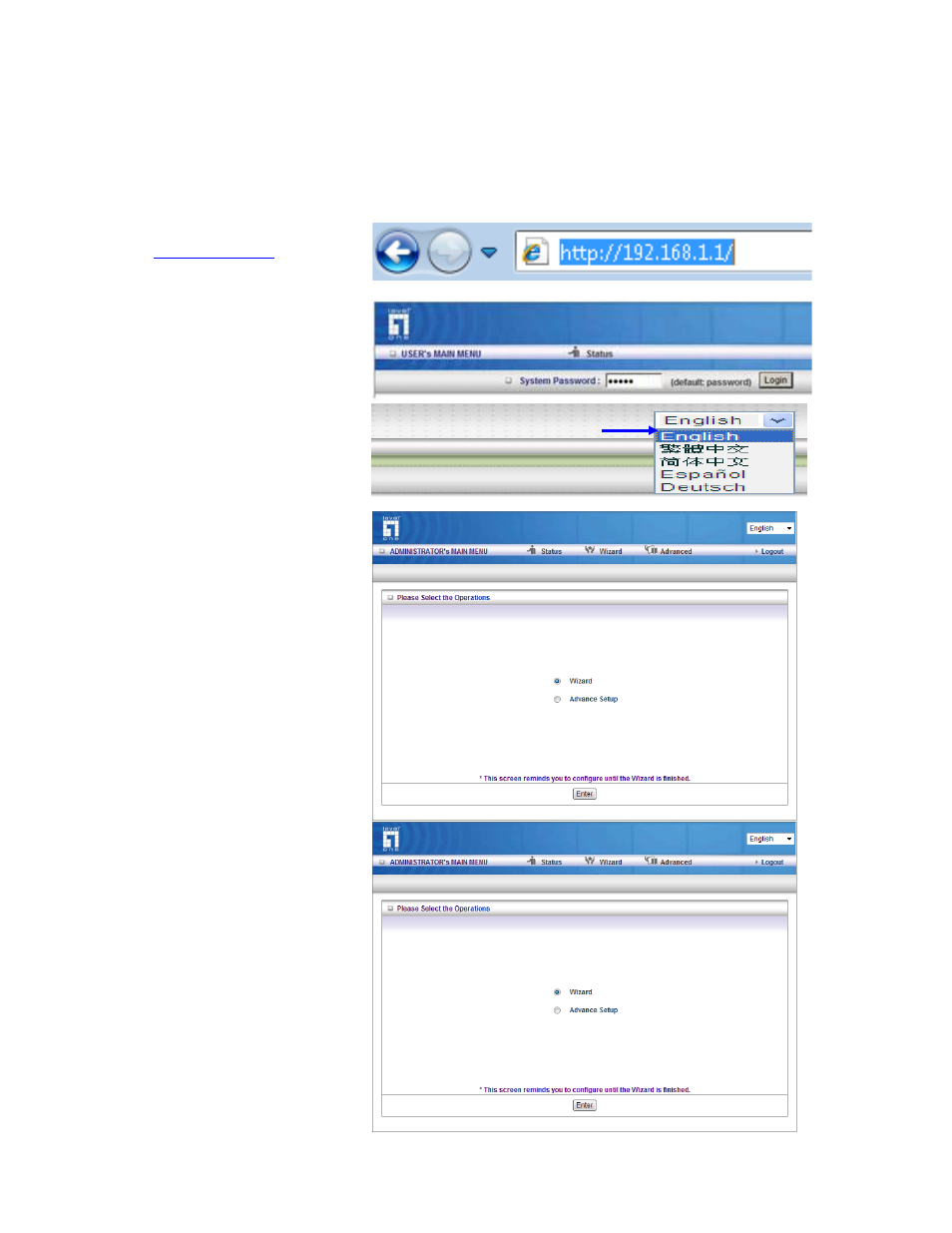 You can also browse web ui to configure the device, 2 easy setup by configuring web pages, Browse to activate the setup wizard | LevelOne WBR-6804 User Manual | Page 13 / 70