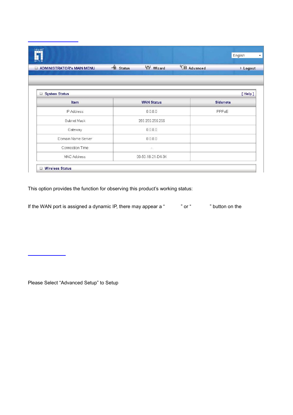 2 system status, 3 advanced, 1 basic setting | LevelOne WGR-6012 User Manual | Page 21 / 83