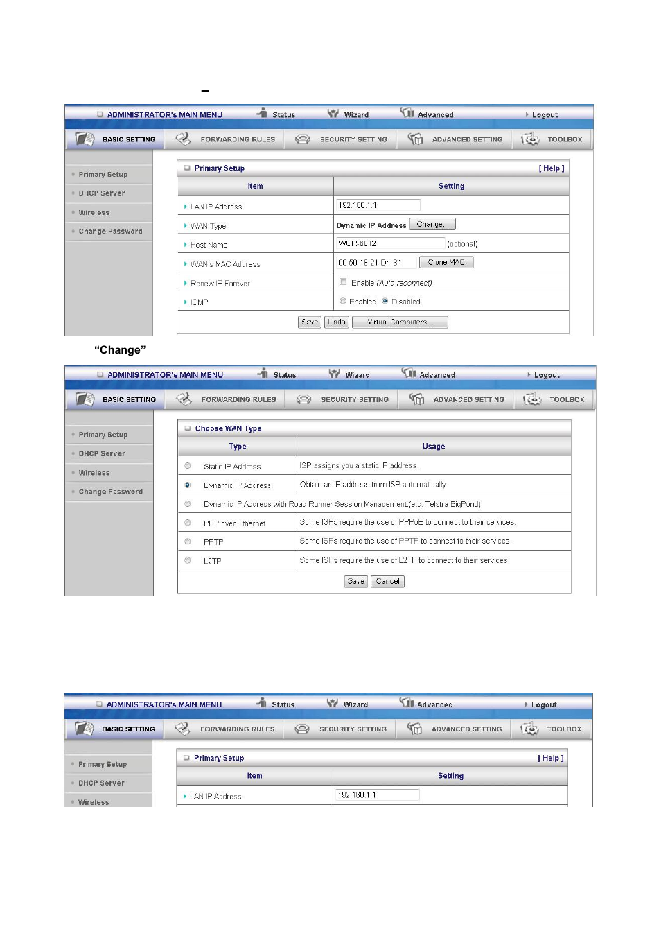 1 primary setup, Wan type, virtual computers | LevelOne WGR-6012 User Manual | Page 23 / 83