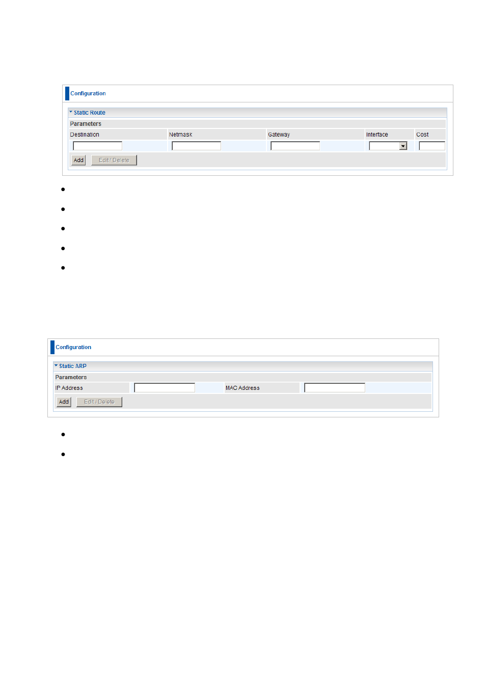 Static route, Static arp | LevelOne FBR-1461 User Manual | Page 86 / 106