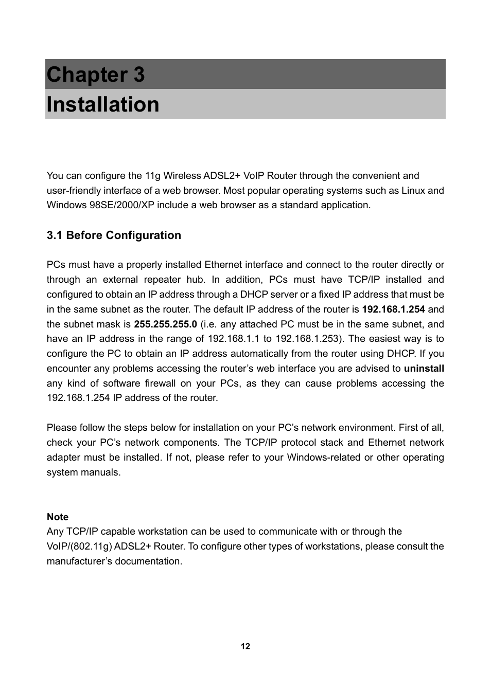 1 before configuration, Chapter 3, Chapter 3 installation | LevelOne WBR-3470 User Manual | Page 14 / 114