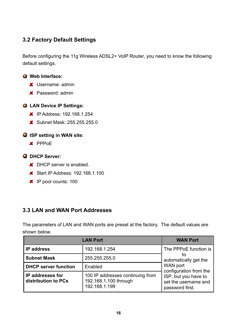 2 factory default settings, 3 lan and wan port addresses | LevelOne WBR-3470 User Manual | Page 18 / 114