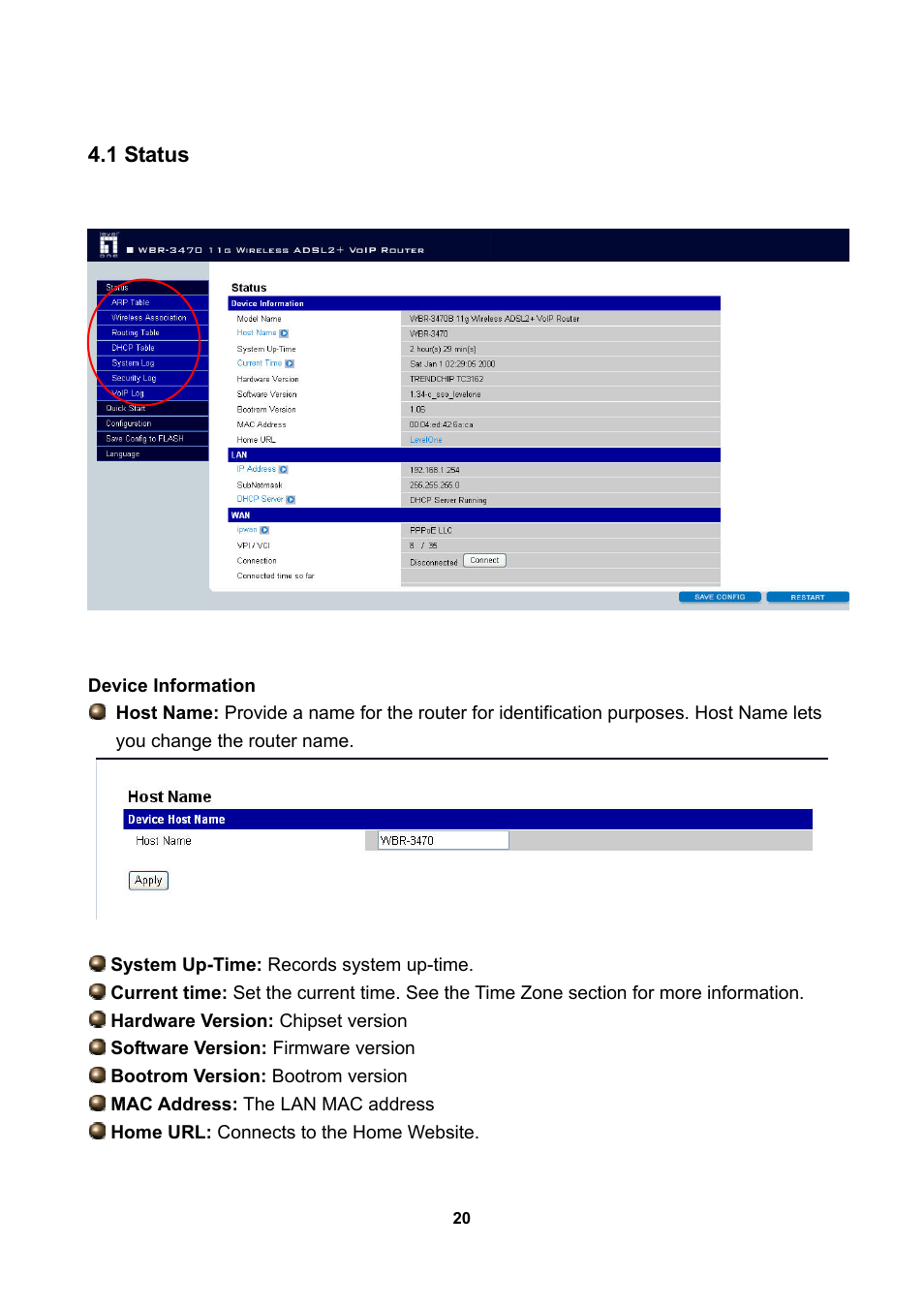 1 status | LevelOne WBR-3470 User Manual | Page 22 / 114