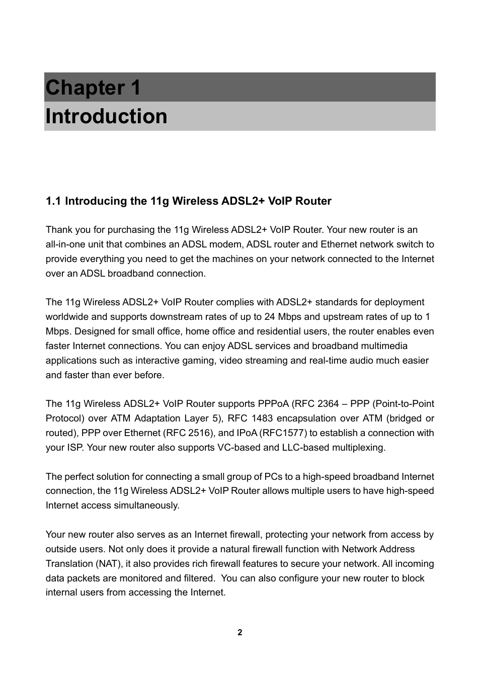 1 introducing the 11g wireless adsl2+ voip router, Chapter 1, Introducing the 11g wireless adsl2+ voip router | Chapter 1 introduction | LevelOne WBR-3470 User Manual | Page 4 / 114