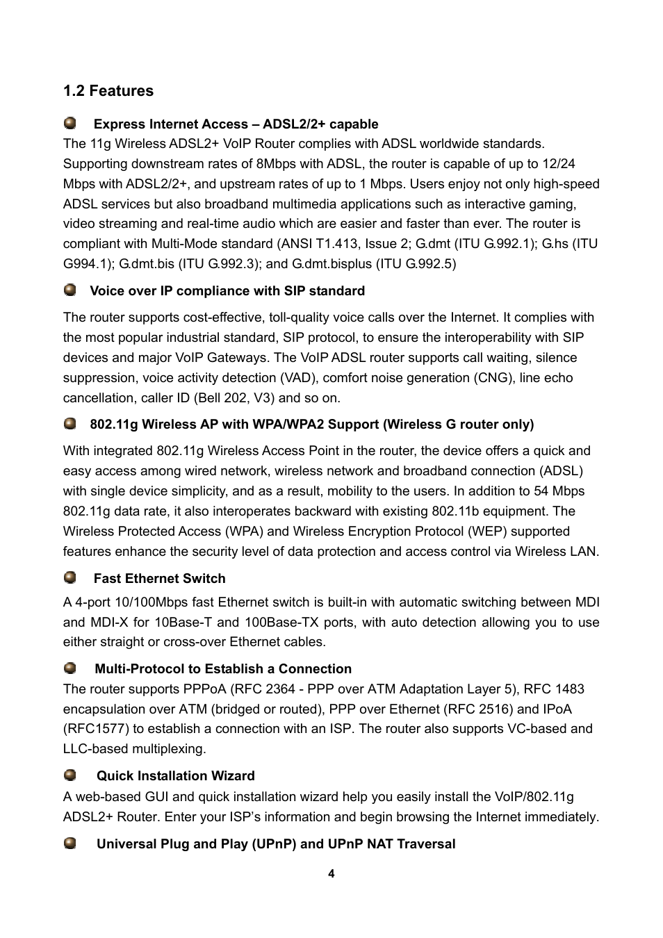 2 features | LevelOne WBR-3470 User Manual | Page 6 / 114