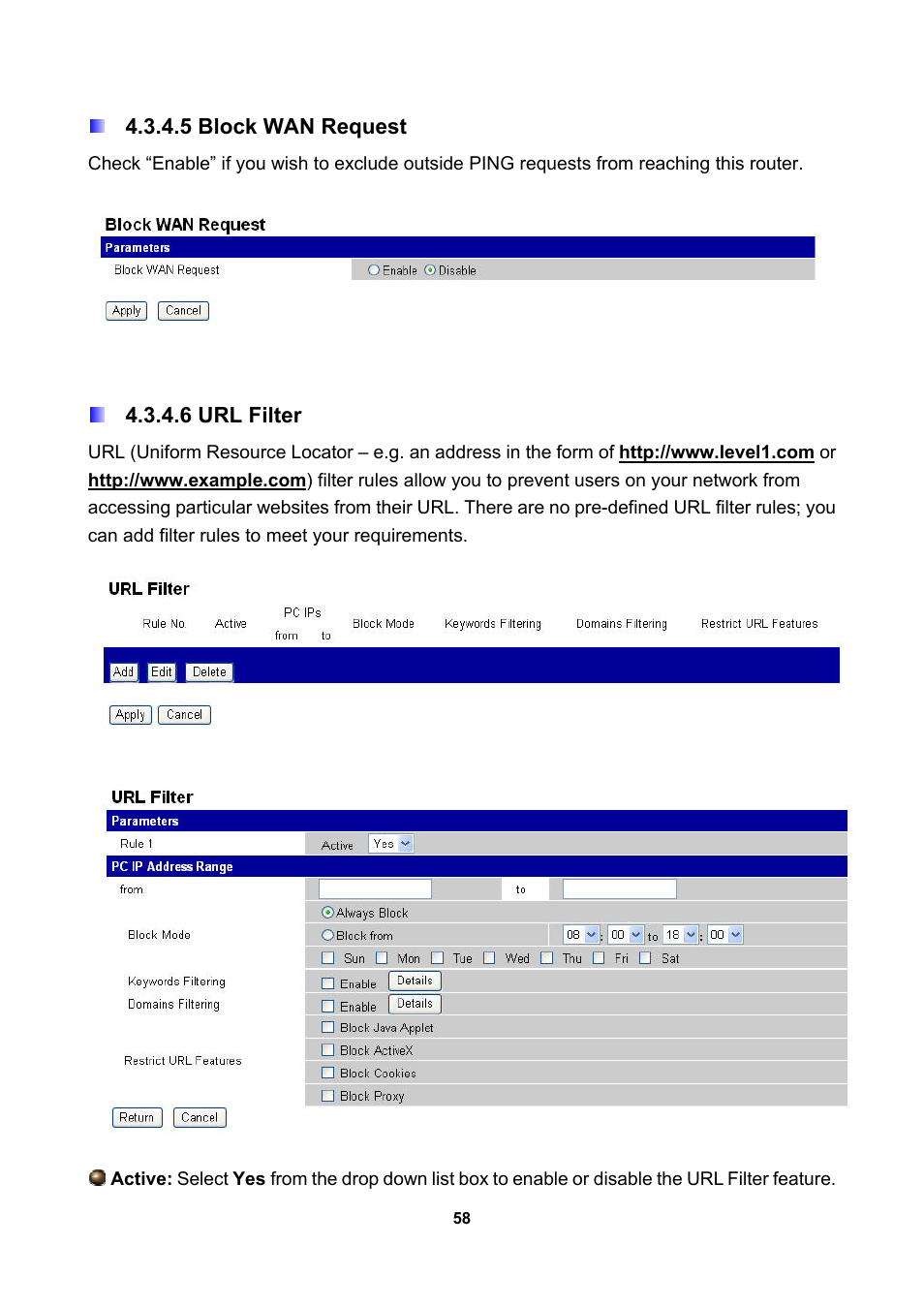 5 block wan request, 6 url filter | LevelOne WBR-3470 User Manual | Page 60 / 114